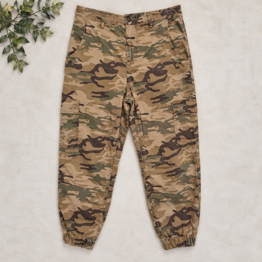 Zara Cargo Pants Camo Green Brown High Waisted Jogger Utility Size 6